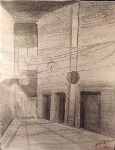 Sketch, Perspective, Street, Night, Pencil