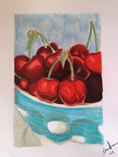Cherries, Still Life, Pencil, Colored Pencil, Sketch